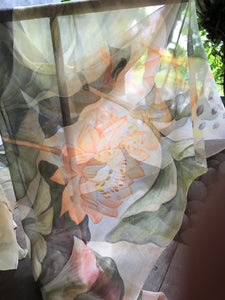 Hand Painted Lotus on Silk Chiffon Scarf