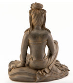 Load image into Gallery viewer, Quan Yin Royal Ease statue warm brown antique rust patina 10 inches tall back view
