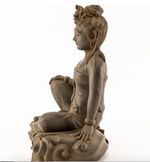 Load image into Gallery viewer, Quan Yin Royal Ease statue warm brown antique rust patina 10 inches tall side view

