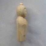 Load image into Gallery viewer, Side view 5 inch tall light colored wood hand carved statue of a Japanese Kuan Yin, knows as Kannon, holding a lotus.
