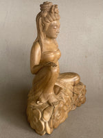 Load image into Gallery viewer, 3/4 view right side Wooden Quan Yin sculpture of a seated figure on a plain background
