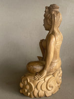 Load image into Gallery viewer, 3/4 view left side Wooden Quan Yin sculpture of a seated figure on a plain background
