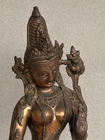 Load image into Gallery viewer, Bronze statue of Dewi Tara with intricate details on a gray background closeup of face.
