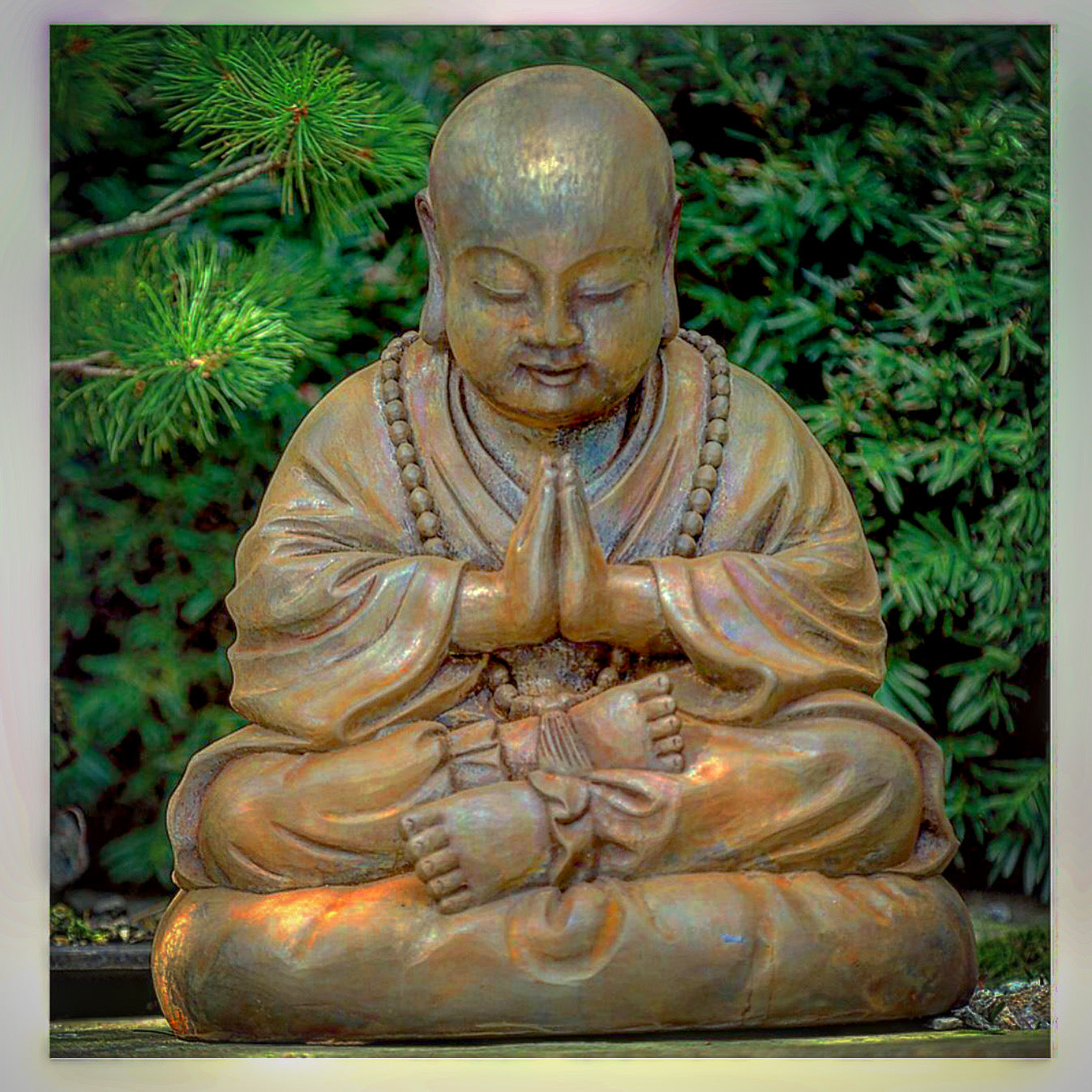 Namaste Vassoio Portacandele Con Lanterna E Statuetta Buddha - Vetro E Legno, Naturale, Per Yoga E Meditazione