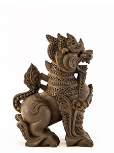 Chinthe Burmese Lion Guardian Rust Brown seated lion with decorative carving