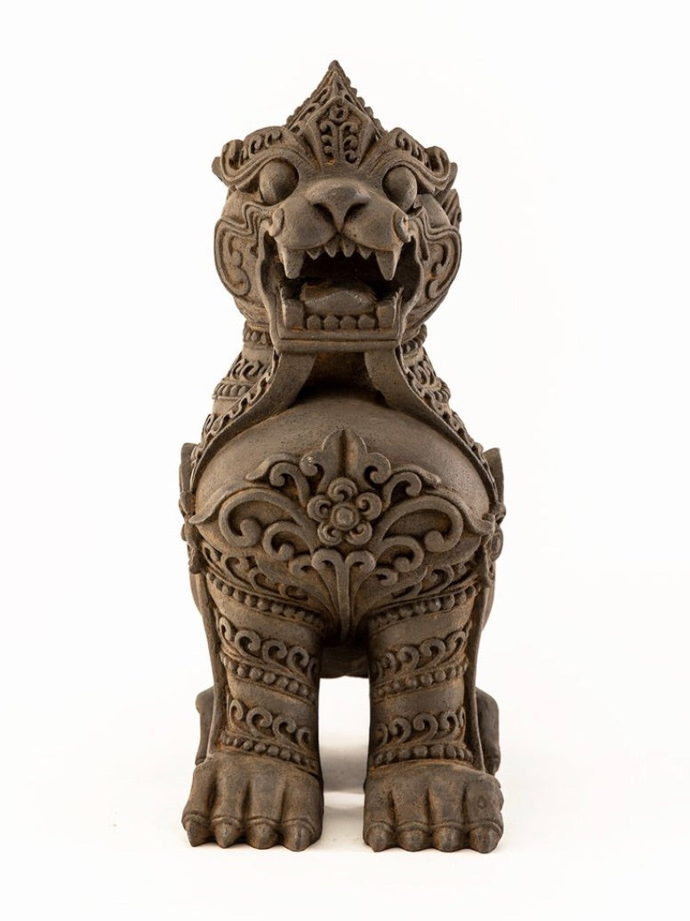 Chinthe Burmese Lion Guardian Rust Brown seated lion with decorative carving front view