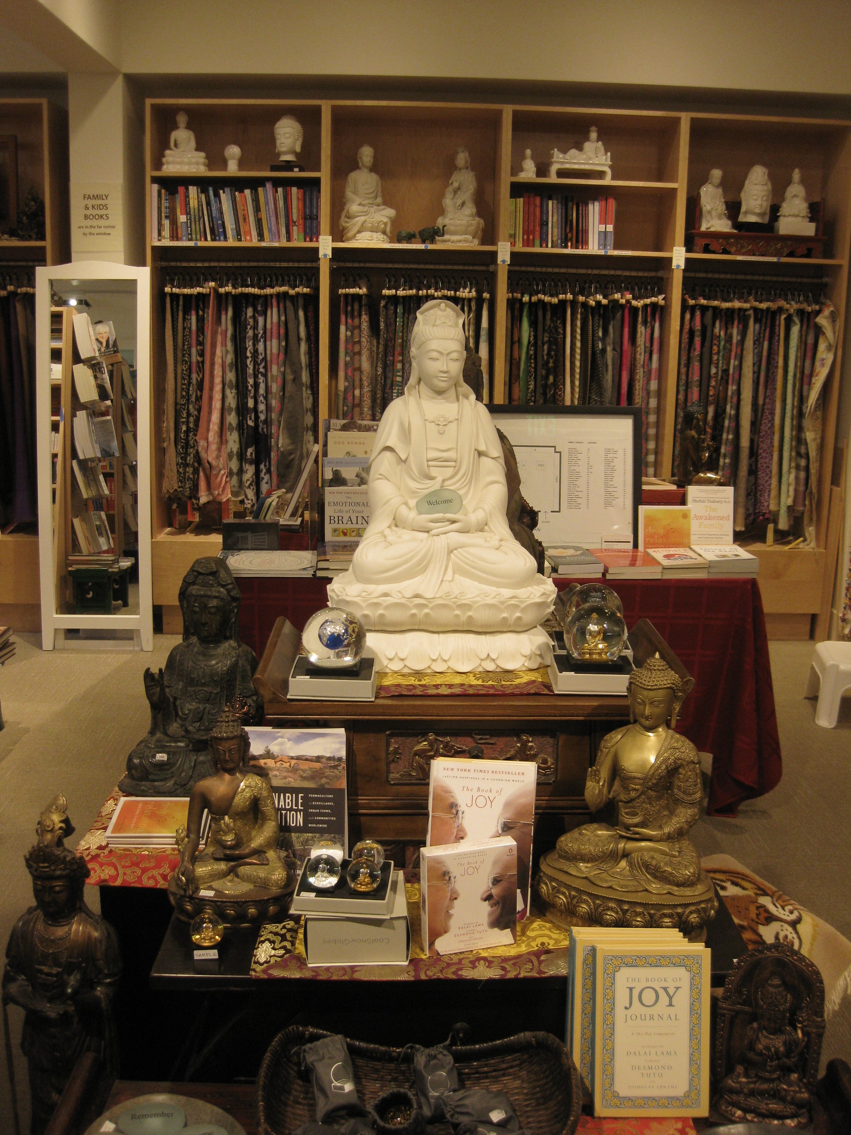 Quan Yin Statue Seated on Double Lotus, White Marble 24in/62cm seated in Spirit Rock Meditation Center Book Store