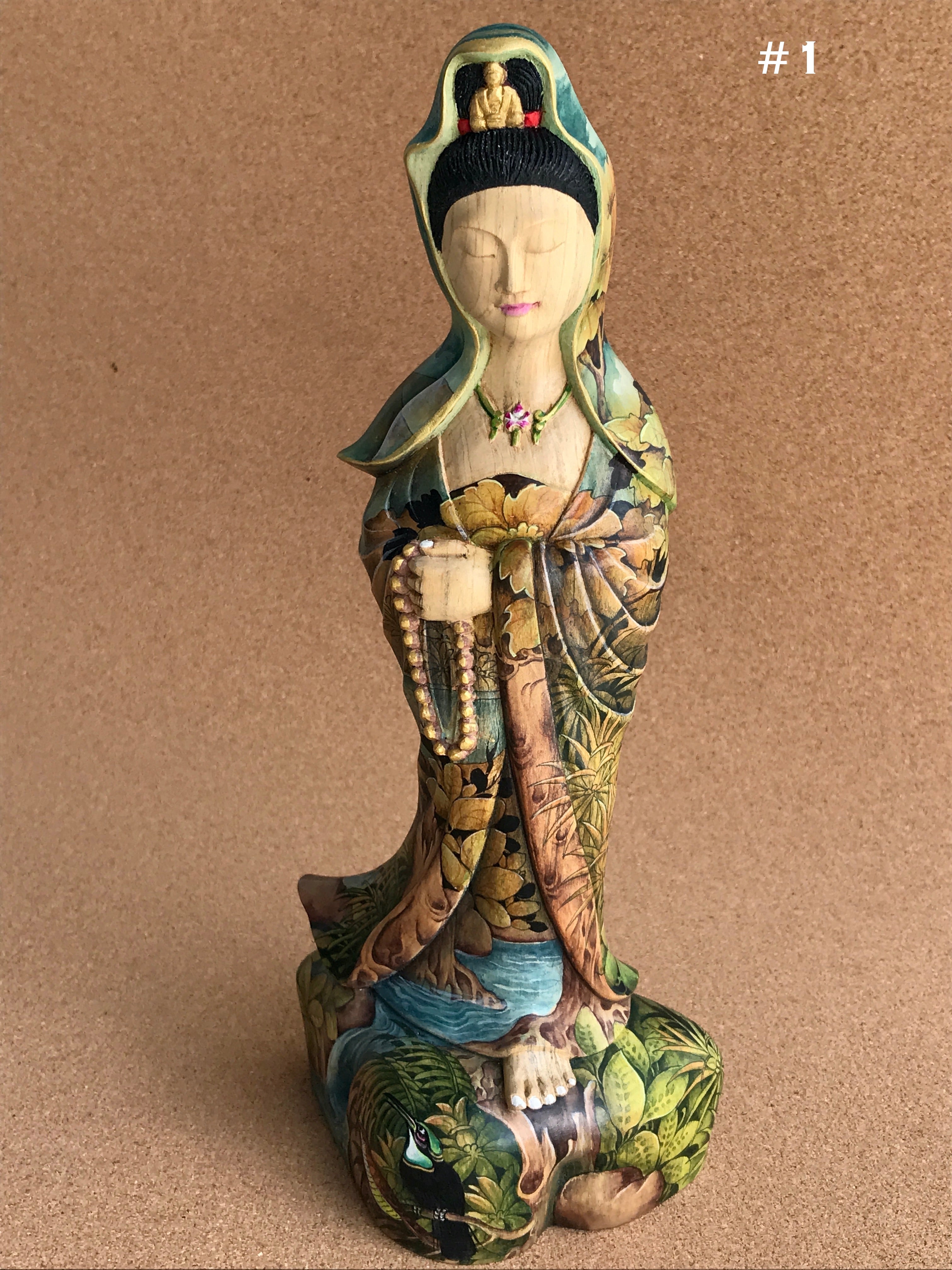 Hand-painted Quan Yin with Landscape of ponds, jungle plants and birds. 
