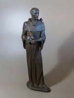 Load image into Gallery viewer, Saint Francis of Assisi Statue Antique Rust 32 inches holding a baby rabbit with a bird on his shoulder
