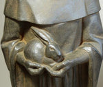 Load image into Gallery viewer, Saint Francis of Assisi Statue, Antique Rust 32 inches closeup of hands holding a baby rabbit
