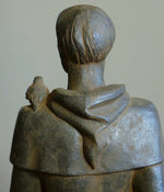 Load image into Gallery viewer, Saint Francis of Assisi Statue Antique Rust 32 inches close up back and the bird on his shoulder
