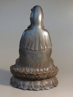 Load image into Gallery viewer, Quan Yin Statue Seated on Double Lotus Back view Rust Patina 24 inches tall
