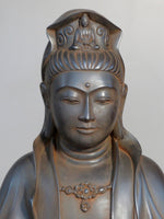 Load image into Gallery viewer, Quan Yin statue seated antique rust 24 inches close up of her beatuiful young serine face
