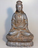 Load image into Gallery viewer, Quan Yin statue seated in Meditation. A small Buddha in her headdress and a serene feeling. Antique rust color 24 inches
