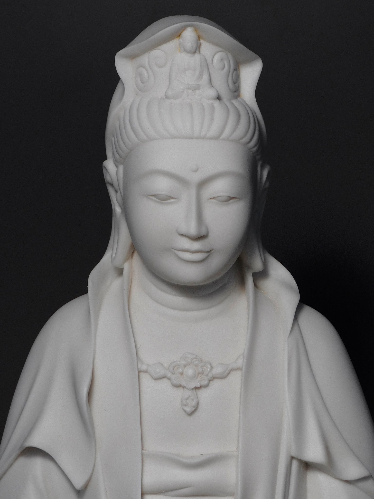 Quan Yin statue seated marble 24 inches close up of her beautiful face