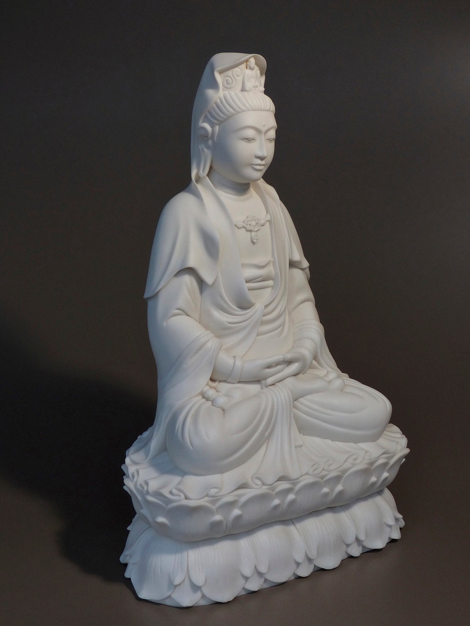 Quan Yin statue seated marble 24 inches three quarter view