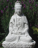 Load image into Gallery viewer, Quan Yin statue seated marble 24 inches seated in garden of lavender
