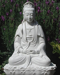 Quan Yin statue seated marble 24 inches seated in garden of lavender