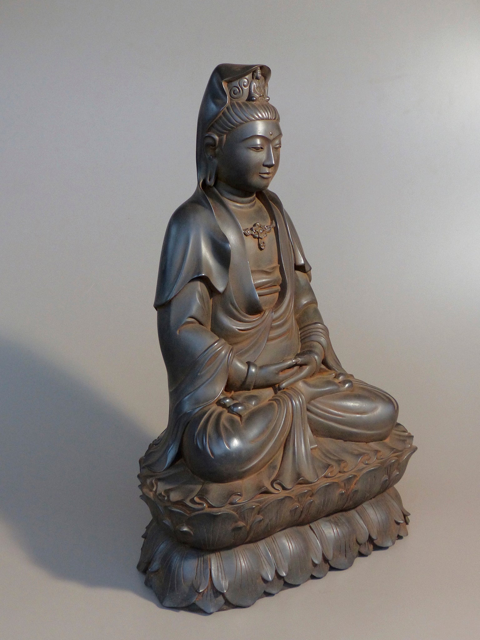 Quan Yin Statue seated on Double Lotus | 3/4 view | Rust Patina| 24 inches